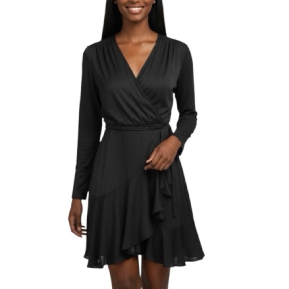 Lira Black Wrap Dress with Bishop Sleeves